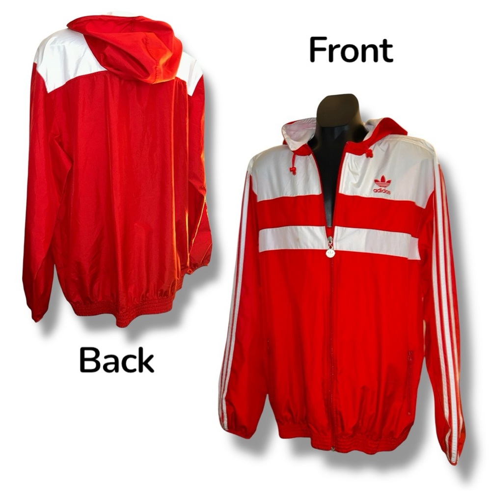 Adidas Red and White Hooded Windbreaker Jacket | Men’s XL